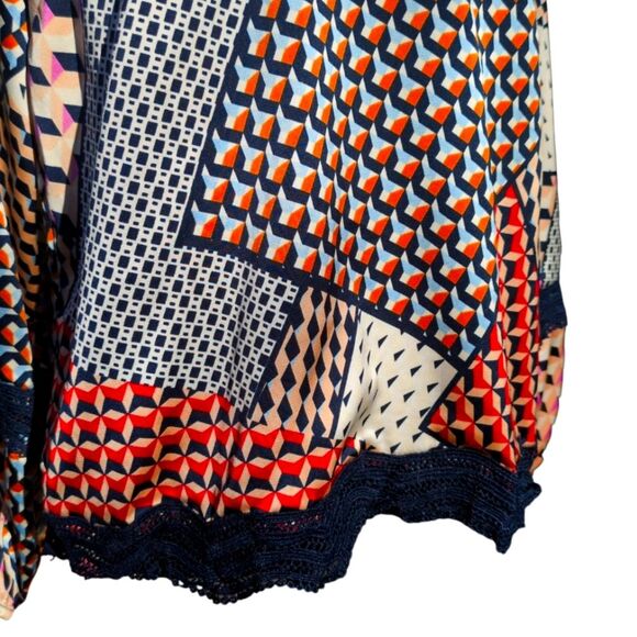 Silky Geometric Patchwork Blouse Crochet accents- Skies Are Blue, Size M - Picture 6 of 9